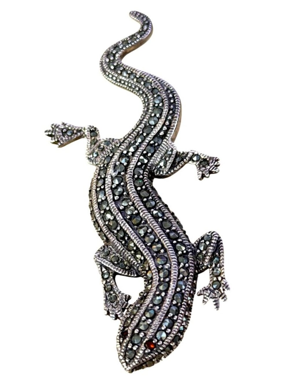 Vintage Signed 925 Lizard Gecko Brooch Pin Marcasite Garnet Eyes Textured 3" 13g